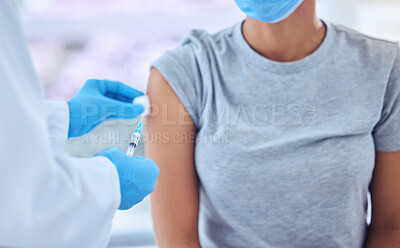 Buy stock photo Healthcare, vaccine and doctor hands with woman in consultation, hospital or clinic. Arm injection, syringe and patient with medical professional for pandemic protection with covid, cleaning and care