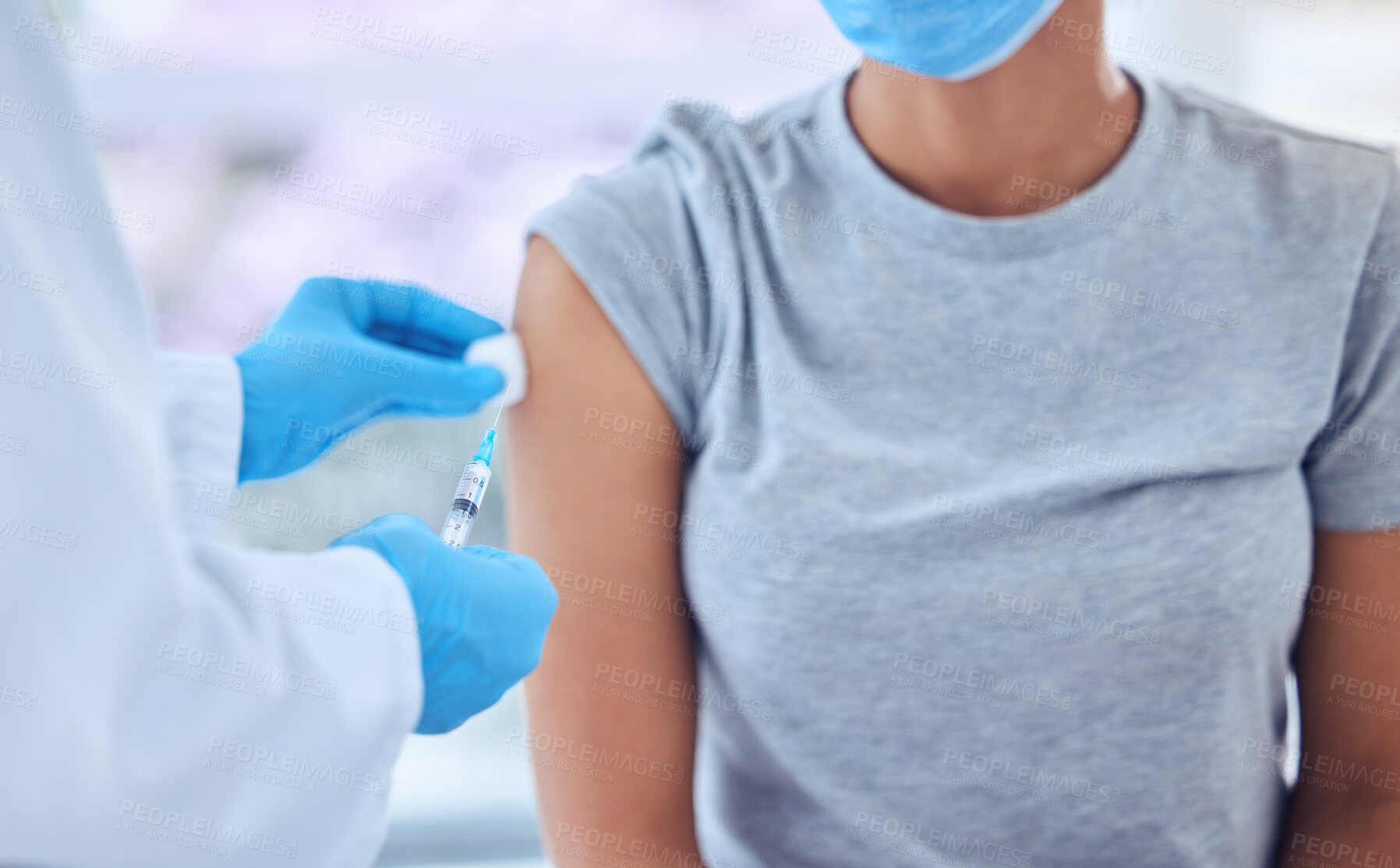 Buy stock photo Healthcare, vaccine and doctor hands with woman in consultation, hospital or clinic. Arm injection, syringe and patient with medical professional for pandemic protection with covid, cleaning and care