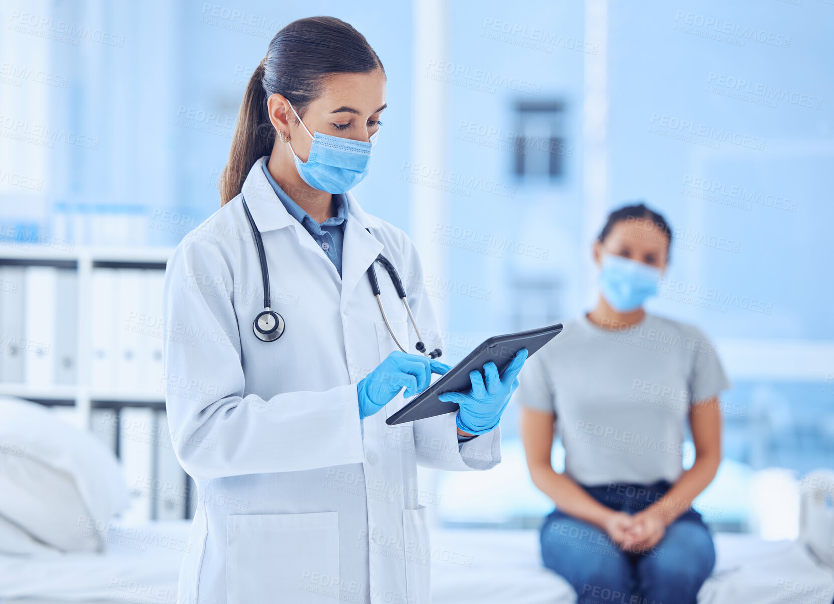 Buy stock photo Medical, doctor and tablet with woman in consultation, hospital or clinic checkup. Digital test, results and patient with healthcare professional for pandemic protection for covid compliance or care