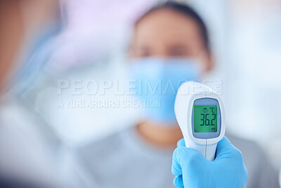 Buy stock photo Healthcare, doctor and hand with thermometer for test, hospital or clinic checkup. Consultation, temperature and woman patient with medical professional for pandemic protection for covid compliance