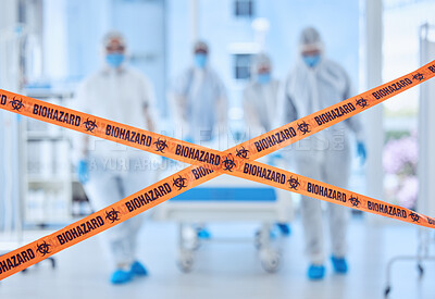 Buy stock photo PPE, patient and doctors in group, healthcare and yellow tape for caution in hospital, safety and mask. Science, people and medical professional in clinic, danger and outbreak of disease or biohazard