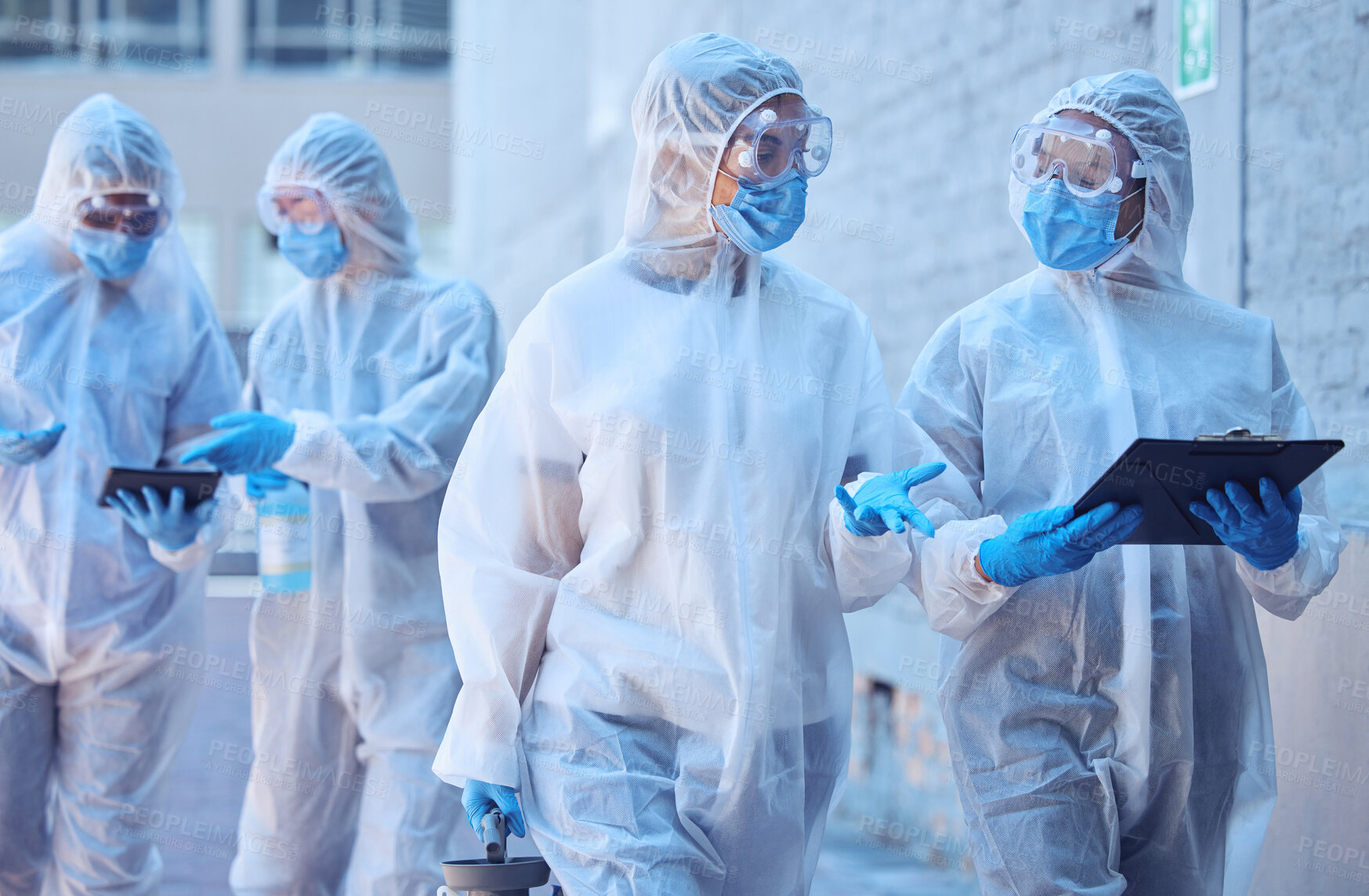 Buy stock photo Cleaning, sanitation or group of scientists in hazmat or mask virus outbreak crisis with clipboard. Virologist, teamwork or people speaking outside for healthcare report, covid or pandemic disease