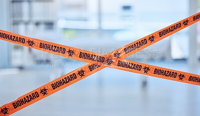 Buy stock photo Biohazard, tape and room for investigation with safety, warning and chemical warfare for terrorist attack. Sign, inspection and icon for attention with forensic science, virus or quarantine at clinic