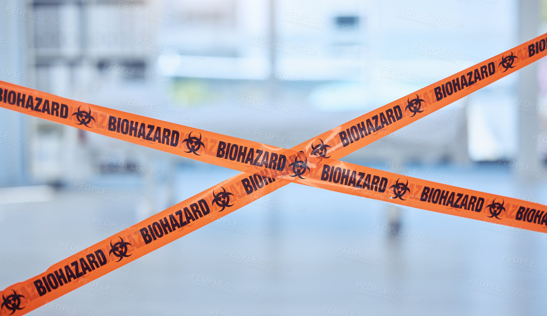 Buy stock photo Biohazard, tape and room for investigation with safety, warning and chemical warfare for terrorist attack. Sign, inspection and icon for attention with forensic science, virus or quarantine at clinic