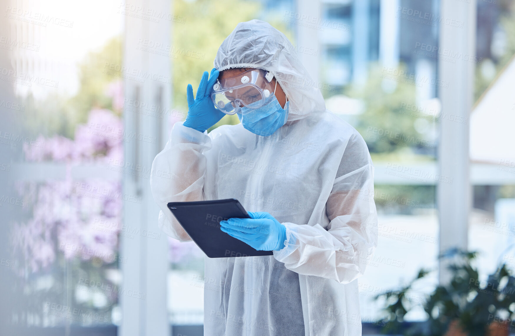 Buy stock photo Doctor, tablet and person with stress, headache or reading report for mpox virus pandemic. Medical scientist, ppe or depression for healthcare challenge, sick or fear biohazard disaster on technology