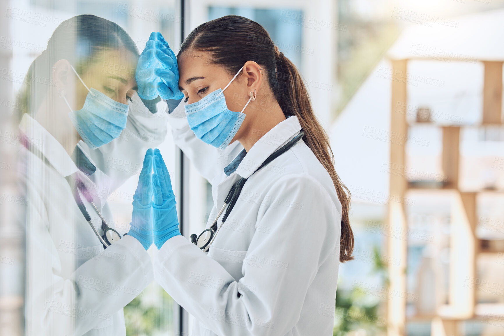 Buy stock photo Sad woman, doctor and mask with window in stress, anxiety or mistake after difficult procedure at hospital. Young female person or medical employee feeling hopeless in depression, covid or failure