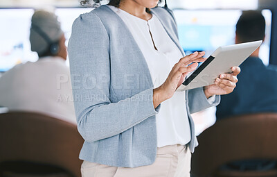 Buy stock photo Office, woman and hands with tablet at call center for research on customer service and telemarketing. Female person, team leader and confident on employee training, internship or skill development