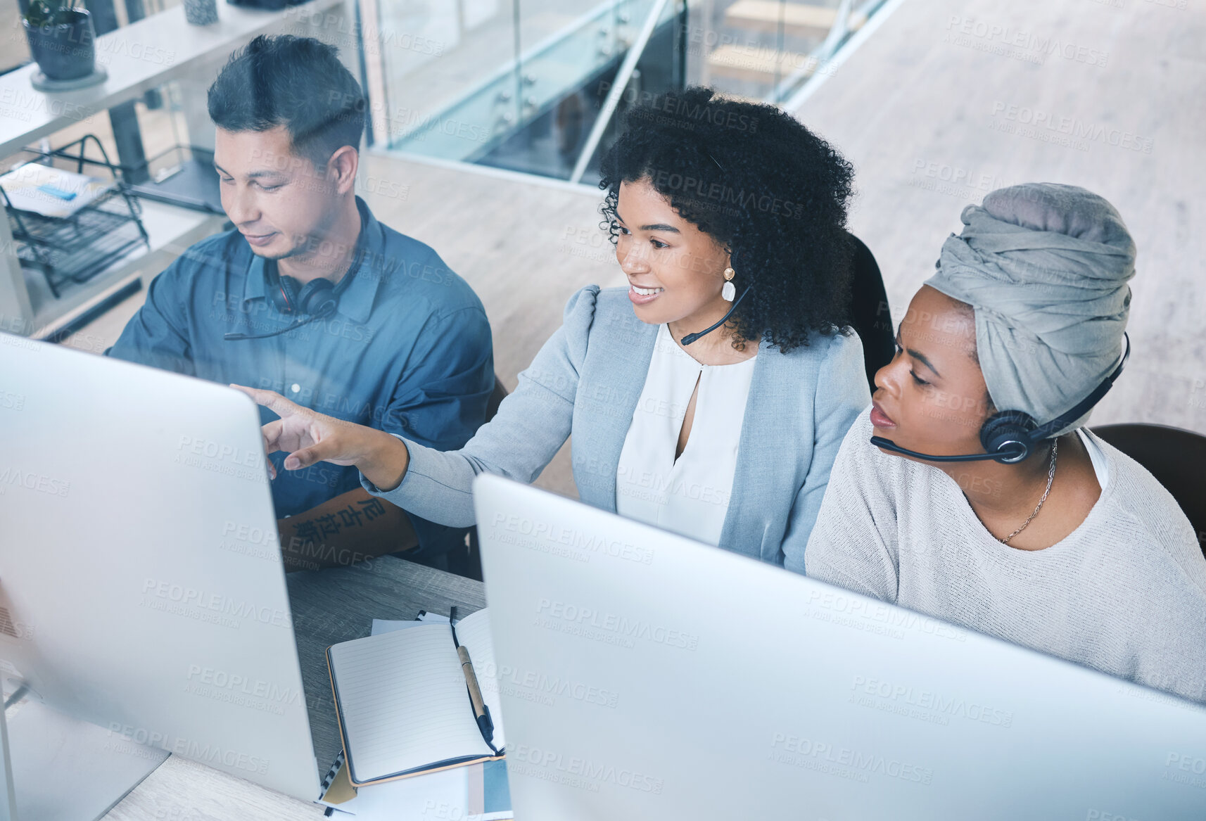 Buy stock photo People, intern and team leader with smile at call center with training for customer service. Office, employees and above on computer with document for telemarketing, consultation and internship