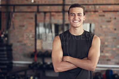 Buy stock photo Man, portrait and confident in gym for fitness or daily workout routine, muscle growth and development. Male person, arms crossed and happy with pride in studio for exercise, cardio and training.