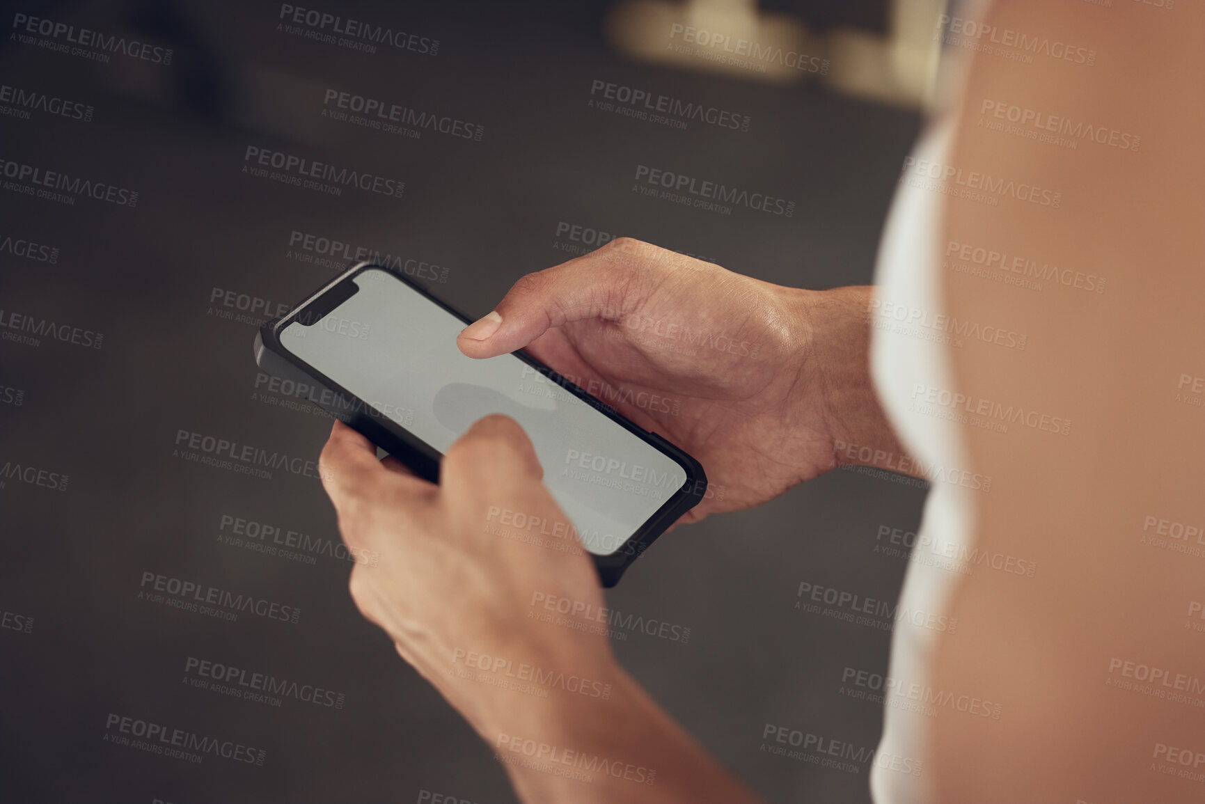 Buy stock photo Person, hands and phone with screen at gym for tracking workout progress, exercise app or reading notification. Athlete, fitness and smartphone at sports club for training website and wellness tips