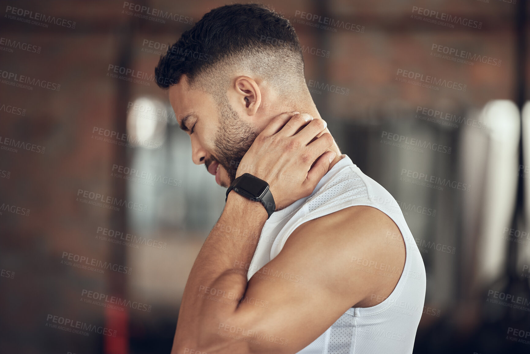 Buy stock photo Frustrated man, fitness and neck injury with muscle tension from pain, accident or inflammation at gym. Male person with sore spine, joint or sprain in discomfort from workout or indoor exercise