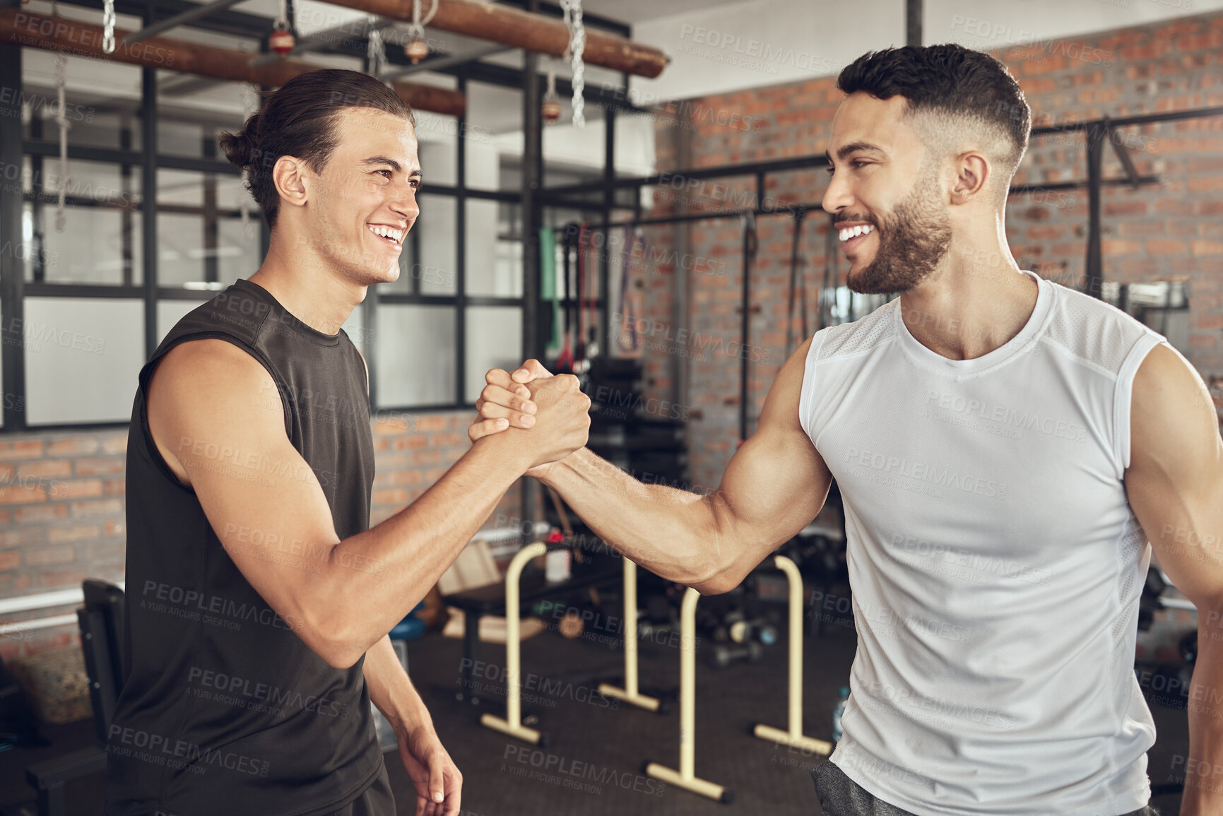 Buy stock photo Happy man, friends and handshake with fitness partner for success, workout or teamwork together at gym. Young male person or men shaking hands with smile for training, goal or exercise at health club