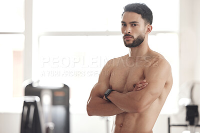 Buy stock photo Arms crossed, exercise and portrait of shirtless man in boxing gym for challenge, self defense or sports training. Body, fitness and wellness with confident athlete in health club for workout