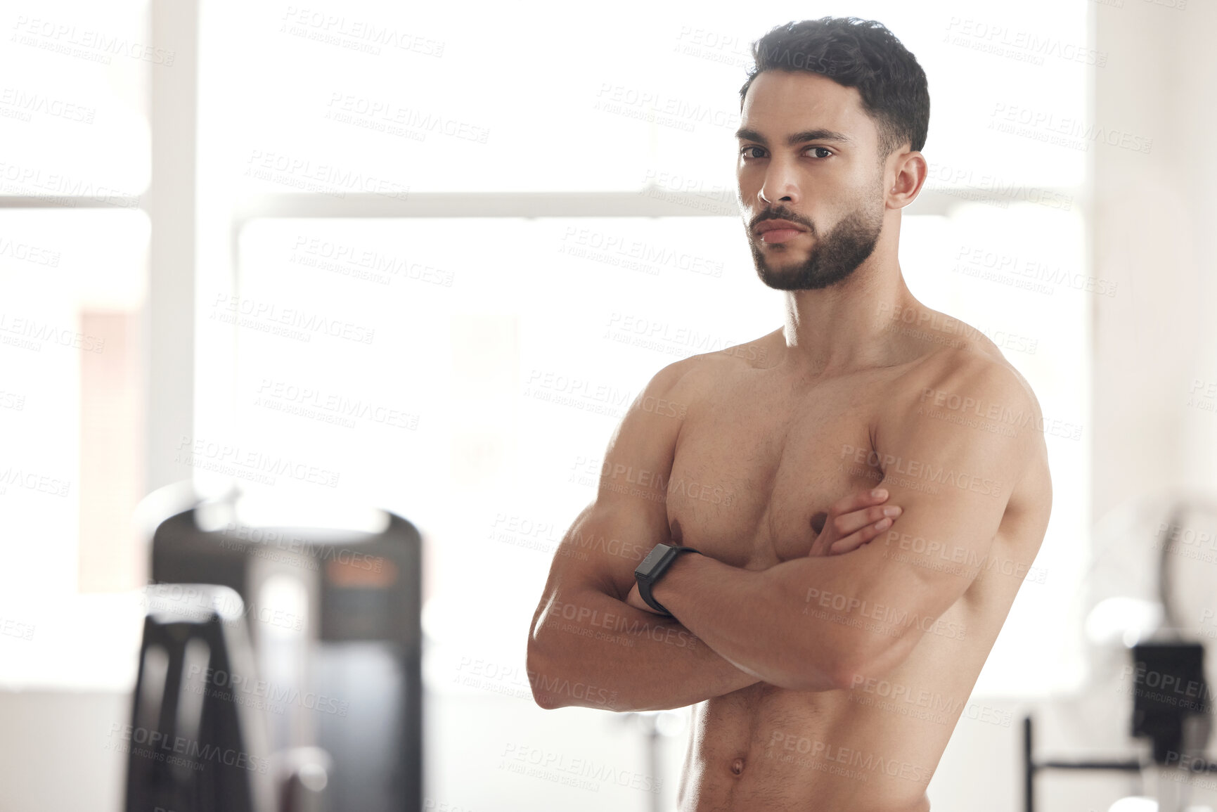 Buy stock photo Arms crossed, exercise and portrait of shirtless man in boxing gym for challenge, self defense or sports training. Body, fitness and wellness with confident athlete in health club for workout