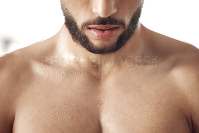 Buy stock photo Man, lips and beard closeup with face for beauty, grooming or personal hygiene. Facial, cosmetics or skin of strong bodybuilder with sweat on pectoral muscle for power, growth and wellness for health