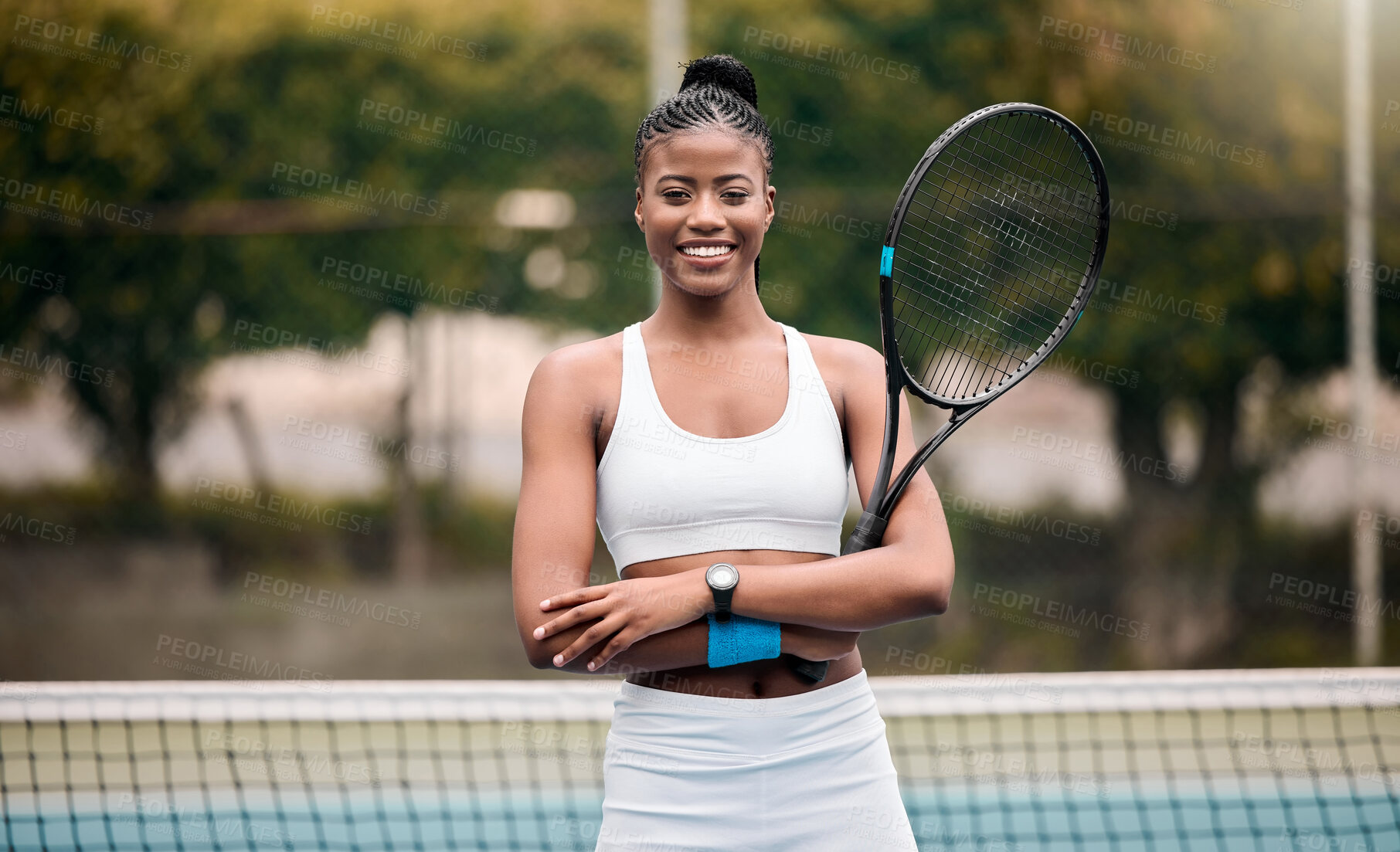 Buy stock photo Portrait, tennis player and black woman with smile, court and confident of skills for competition. Outdoor, proud and arms crossed for game, fitness and professional in sports, wellness and match