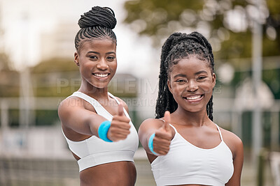 Buy stock photo Portrait, thumbs up or women in tennis court for sports fitness, healthy training or practice exercise. Black people, hand gesture sign or players with good workout review, support or match feedback