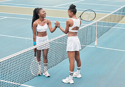 Buy stock photo Tennis, black women and handshake greeting with smile, happy and success from match on outdoor court, Sport, competition and laugh from teamwork, respect and motivation from workout and fitness