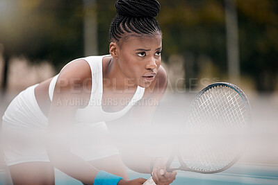 Buy stock photo Black woman, tennis court and ready for game with competition, serve and fitness for health. Outdoor, start and wellness club with sport, match and net with African player, athlete and training