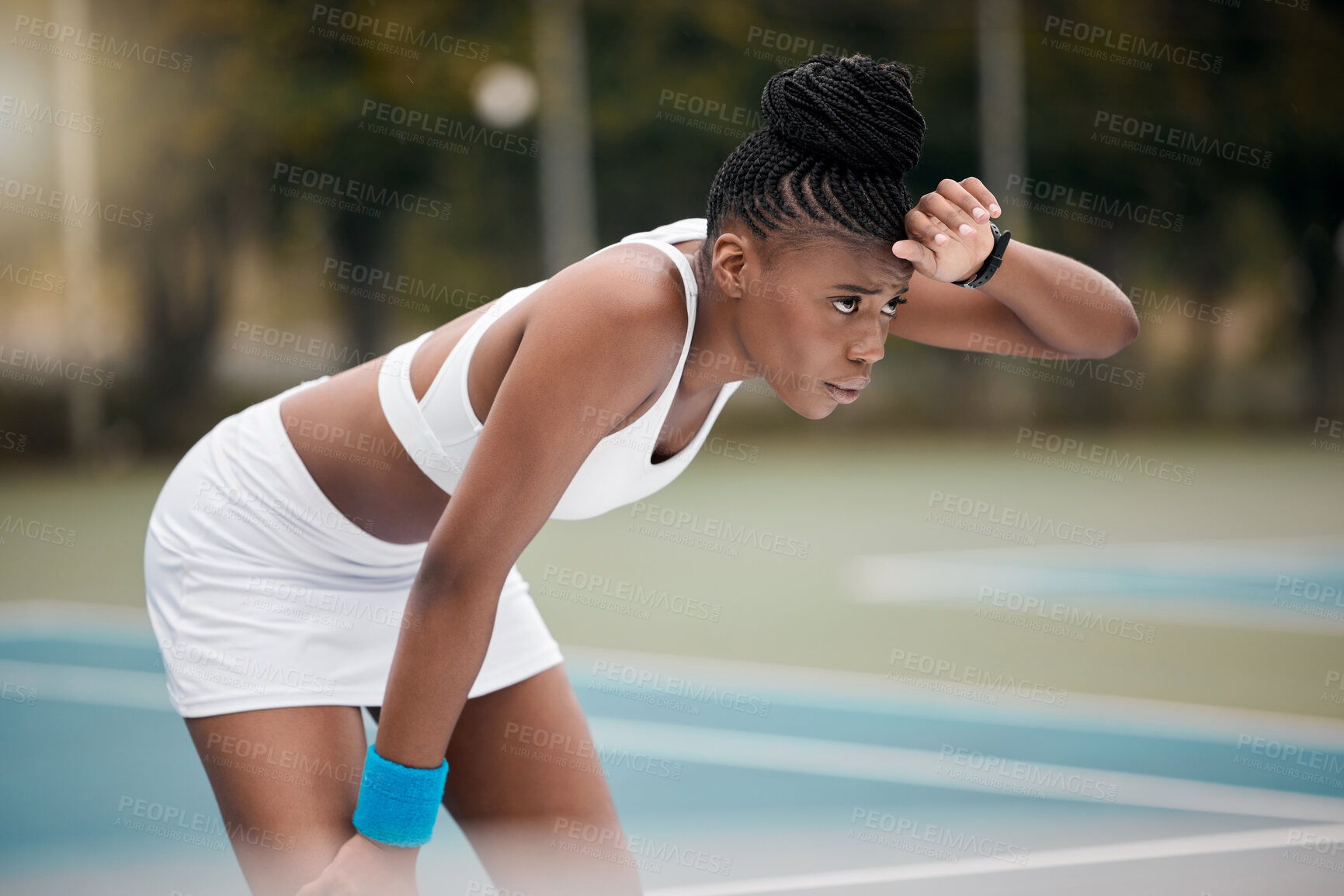 Buy stock photo Tired, tennis player and black woman with burnout, court and fitness with training, wellness and match. African person, athlete and professional with workout, practice and exhausted with competition