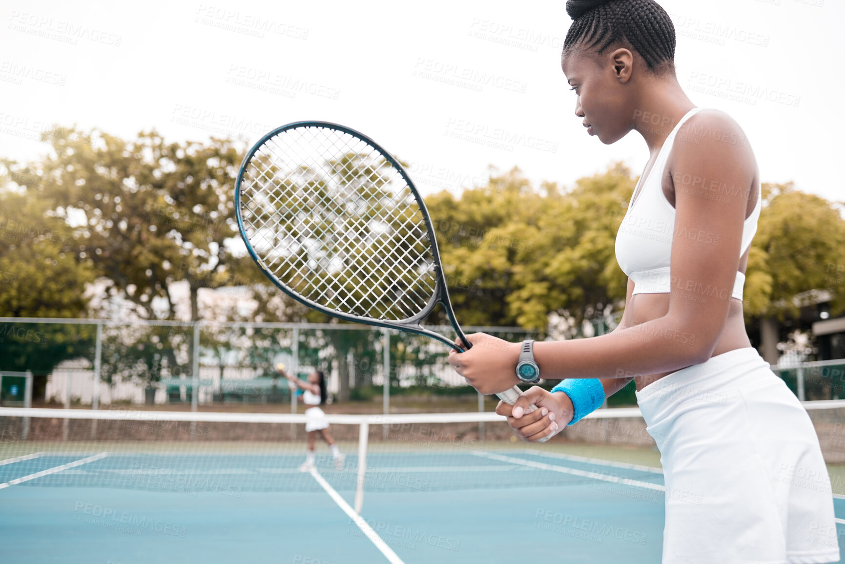 Buy stock photo Tennis, exercise and black woman back with outdoor sports, court game and training for workout. Wellness, fitness and cardio energy with athlete, hobby or competition practice for health tournament