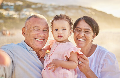 Buy stock photo Grandparents, girl and happy at beach with selfie for bonding, care and social media in Brazil. Outdoor, people and smile with kid for support on portrait on holiday, journey and travel for memories