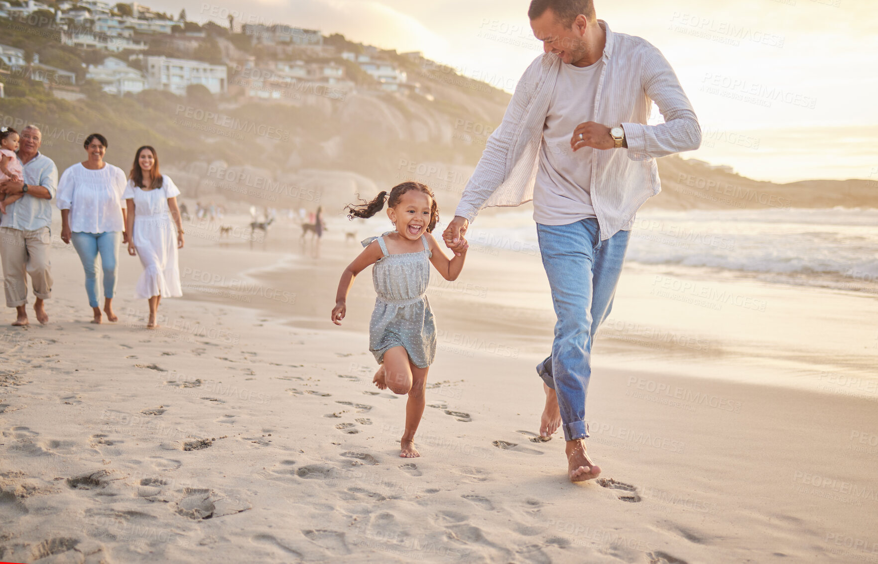 Buy stock photo Beach, dad and child with holding hands for running, playful and bonding together on summer vacation. Family, father and girl on ocean for race, support or connection with security on holiday outdoor