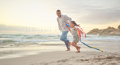 Buy stock photo Beach, father and child with flying kite for playful, outdoor activity and exercise for skills development. Happy family, dad and girl with game for creativity, running and connection with bonding