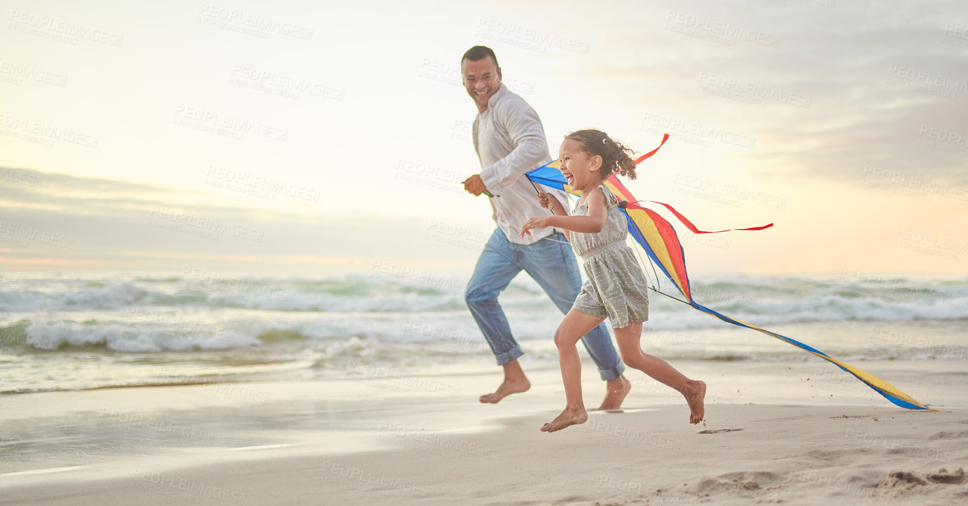 Buy stock photo Beach, dad and child with flying kite for playful, outdoor activity and exercise for skills development. Happy family, father and girl with game for creativity, running and connection with bonding