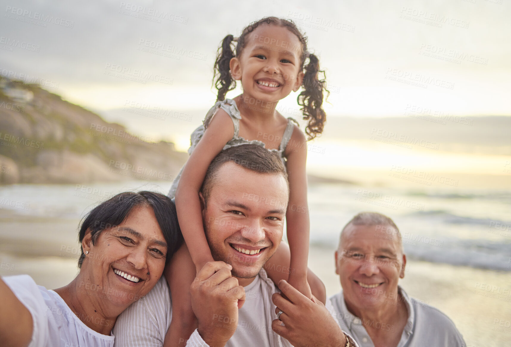 Buy stock photo Father, grandparents and child at beach for selfie portrait, holiday or bonding together with elderly people. Nature, sunset and happy family in vacation photo for support, memory or smile with kid