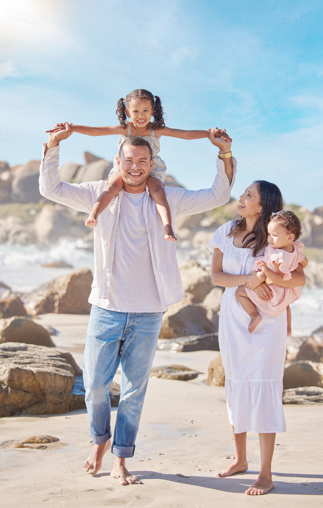 Buy stock photo Portrait, dad and carrying of daughter, beach and family in vacation for fresh air, smile or bonding. Outdoor, man and woman with children for fun, parents and kids in sea of Florida, nature or water