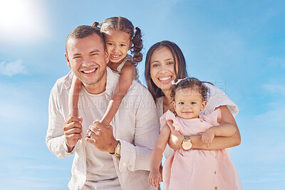 Buy stock photo Portrait, dad and vacation with family, beach and  carrying of daughter for fresh air and bonding. Outdoor, man and woman with children for fun, parents and kids in sea of Florida, nature and water