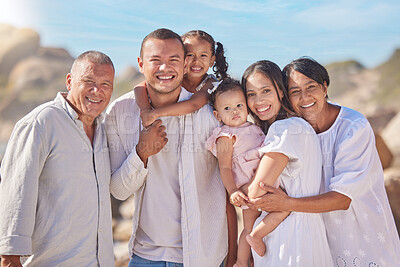 Buy stock photo Portrait, big family and outdoor in beach, fun and grandparents in vacation with group or bonding. Sea, woman and man with kids for holiday with senior people, summer and break for children in Canada