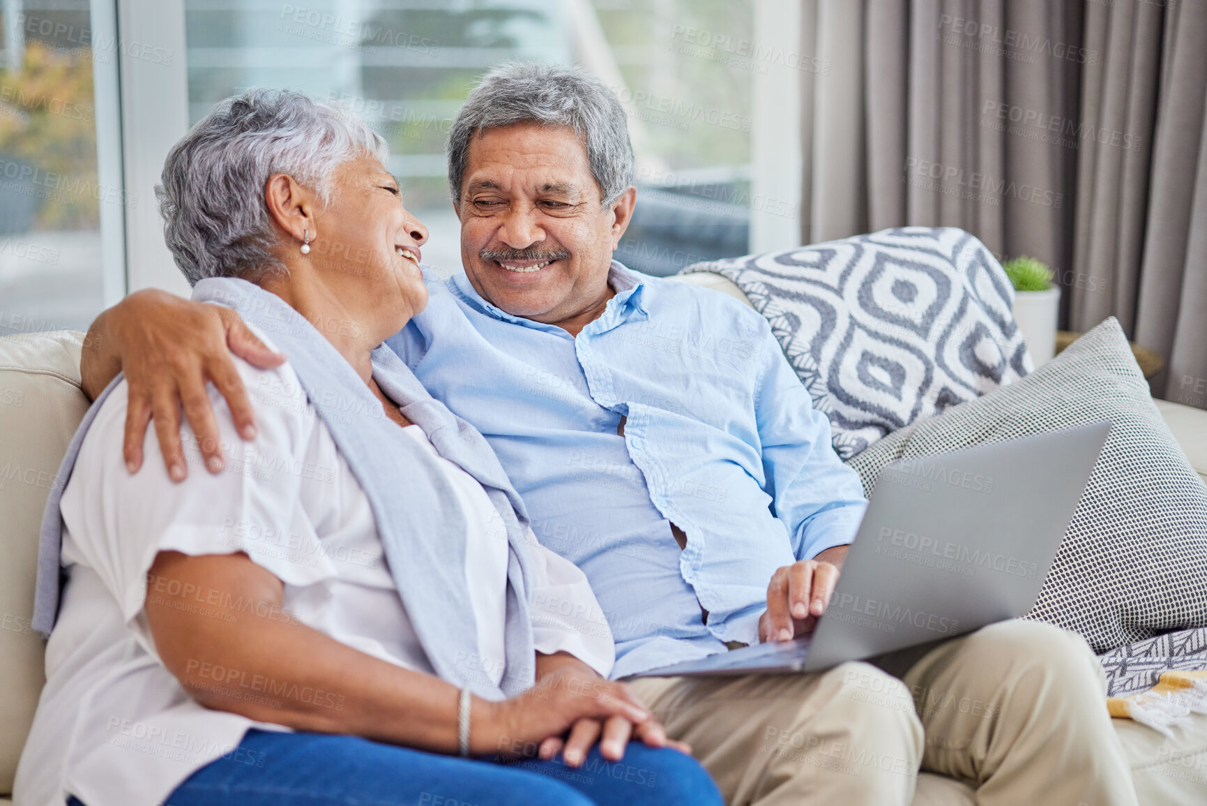 Buy stock photo Hug, love and smile with senior couple on sofa of home living room together for bonding. Marriage, relax or wellness with happy elderly man and woman embracing in apartment for retirement or romance