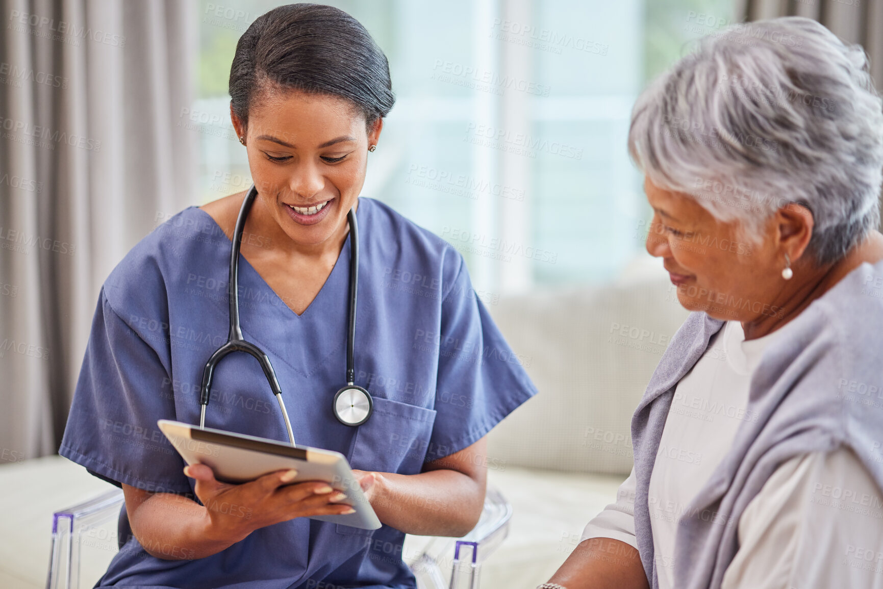 Buy stock photo Happy woman, nurse and patient with tablet in elderly care for home assistance, checkup or advice. Young female person or medical caregiver talking to mature client on technology for healthcare plan