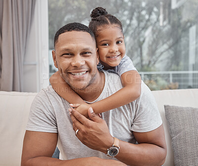 Buy stock photo Hug, love or portrait with father and daughter on sofa in living room of home together for bonding or security. Family, relax or smile with single parent man and girl child embracing in apartment