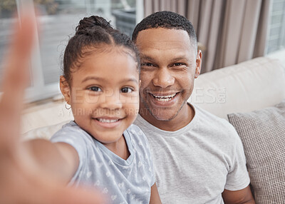 Buy stock photo Portrait, selfie and happy father with kid in living room for love, care and bonding together. Face, smile and dad with girl child on sofa for photo pov, picture and family memory in home in Mexico