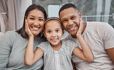 Buy stock photo Portrait, happy family and parents with child in home for love, care or people bonding together. Face, mother and father with girl kid in living room for support, connection and parenthood in Mexico