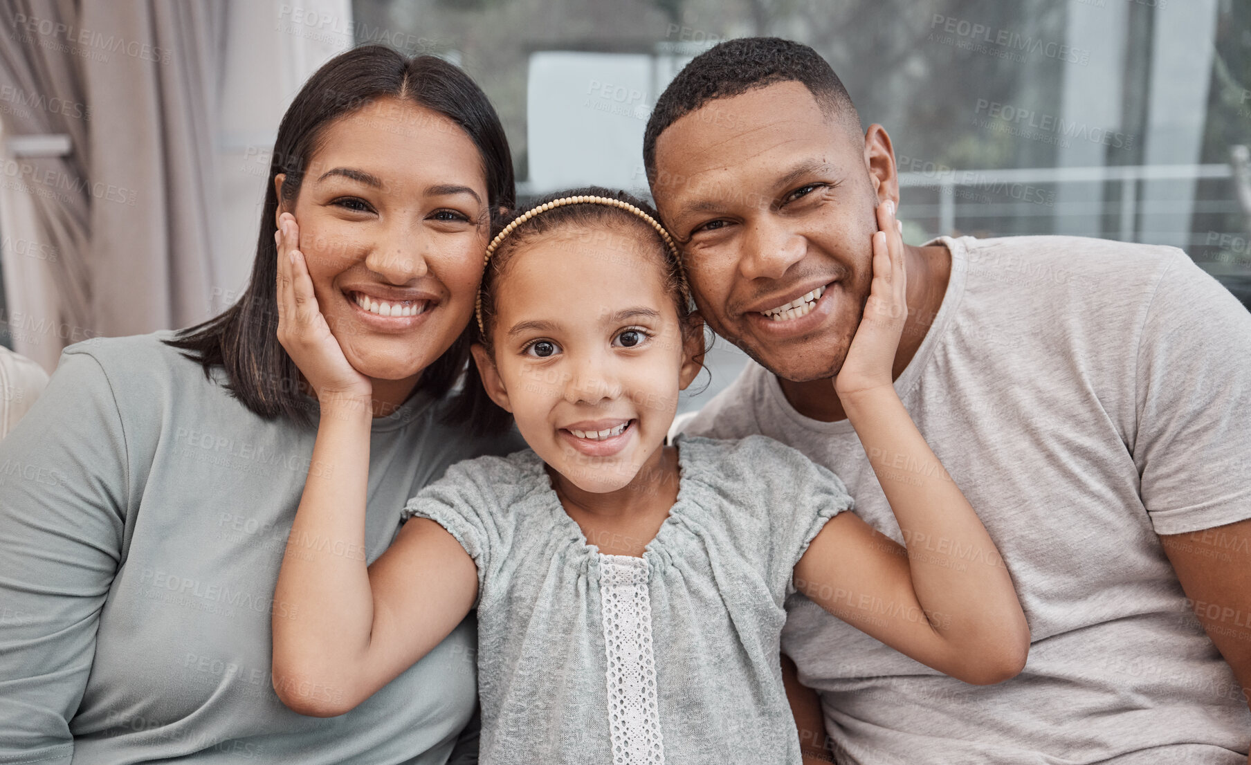 Buy stock photo Portrait, happy family and parents with child in home for love, care or people bonding together. Face, mother and father with girl kid in living room for support, connection and parenthood in Mexico