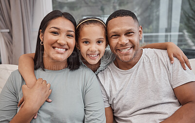 Buy stock photo Happy family, portrait and selfie of parents with kid in home for love, care or people hug together. Face, mother and father with girl child in living room for support, connection or picture in house