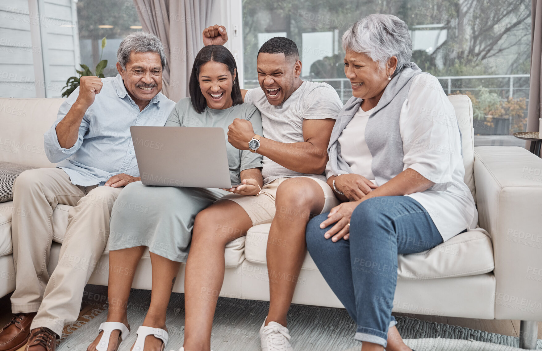 Buy stock photo Sports, score or happy family on laptop for celebration of competition, winning or live goal update. Excited, soccer game or senior people watching news results in home for fans, cheering together