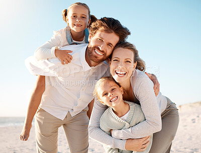 Buy stock photo Portrait, beach and family with love, hug and happiness with kids, parents and travel for vacation. Face, seaside and mother with father, children and summer holiday with embrace, adventure and smile