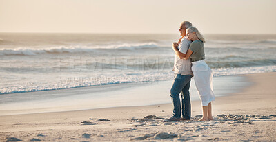 Buy stock photo Senior couple, hug and view at beach for memory, love or bonding for connection on holiday in summer. People, man and woman with embrace, care or retirement by waves on vacation by ocean in Australia