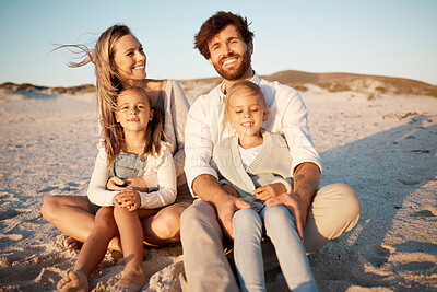 Buy stock photo Parents, children and hug at beach, vacation and smile with care, love or bonding on ground in summer. People, mom and dad with in portrait with kids, family or embrace in sunshine by ocean in Spain