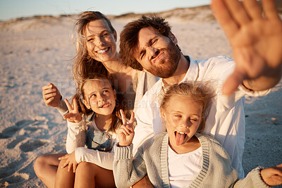 Buy stock photo Parents, children and selfie at beach, funny face or smile with care, love or tongue out for memory in summer. Father, mother and daughter kids with peace sign, family or portrait on holiday in Spain