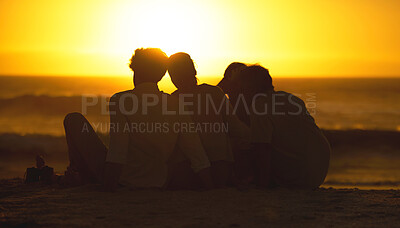 Buy stock photo Parents, children and silhouette at beach, sunset and hug on sand for love, care and back on holiday. People, family and kids with embrace, vacation or relax by sea in summer with bonding in Spain