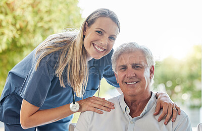 Buy stock photo Senior care, nurse and old man in portrait with smile, trust and comfort in lounge at nursing home. Support, homecare and elderly person with happy caregiver, healthcare and patio in living room