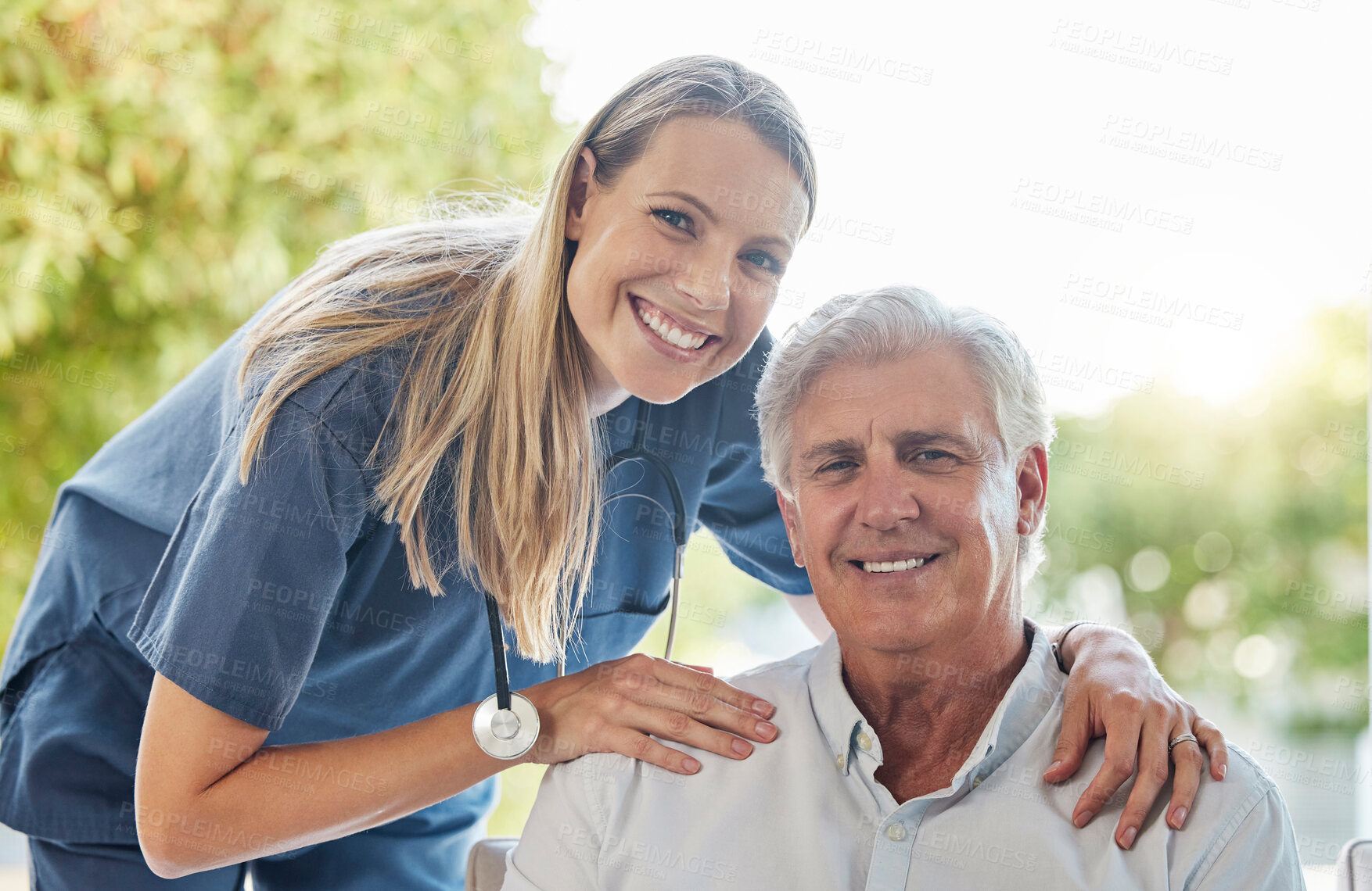 Buy stock photo Senior care, nurse and old man in portrait with smile, trust and comfort in lounge at nursing home. Support, homecare and elderly person with happy caregiver, healthcare and patio in living room