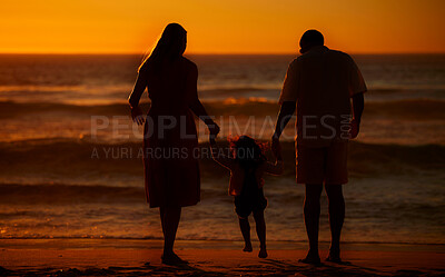 Buy stock photo Back, silhouette and child with parents in holding hands at sunset on vacation, holiday and bonding. Woman, man and kid as family for love, support and memory for travel, trip and summer destination