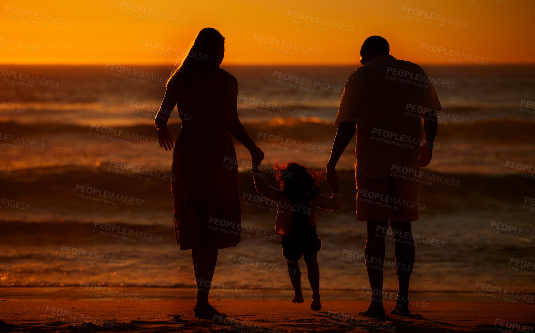 Buy stock photo Back, silhouette and child with parents in holding hands at sunset on vacation, holiday and bonding. Woman, man and kid as family for love, support and memory for travel, trip and summer destination